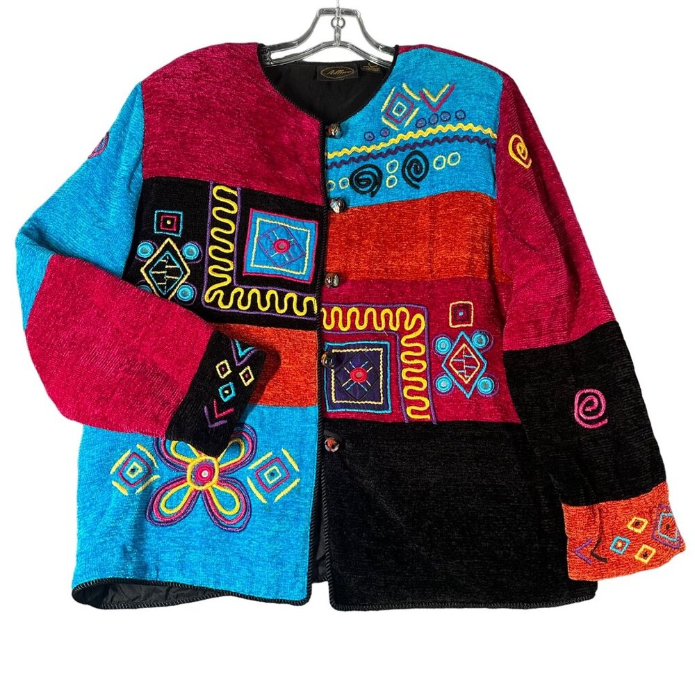 Vtg 90s Allure Womens Large Button Up‎ Patchwork Hippie Toggle Long Sleeve Coat